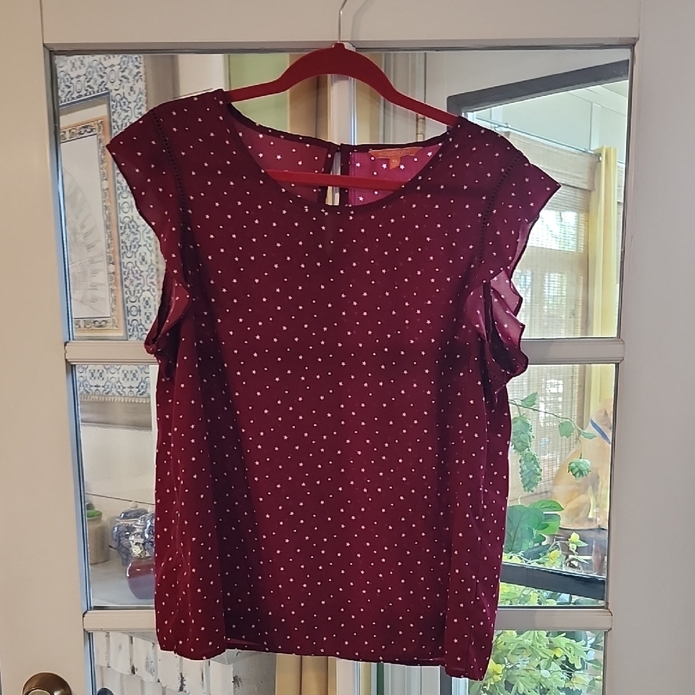 Modcloth Burgundy Polka Dot Blouse with Ruffle Sleeves